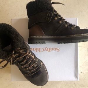 See By Chloe brown leather, suede and shearling ankle boots with lug sole